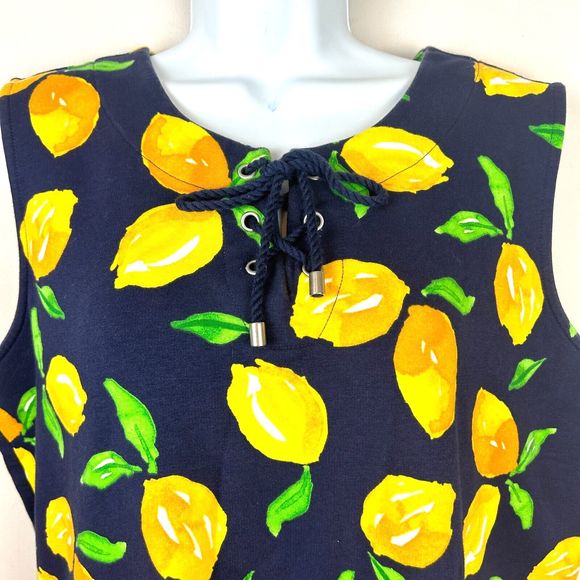 D & Company Navy Lemon Print Dress Beach Cover Up Lace Up Neckline Size L NEW - Picture 4 of 8